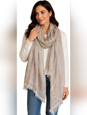 NWT Sandro Ferrone Made in Italy Linen Cotton Fringe Scarf Shawl Taupe Beige